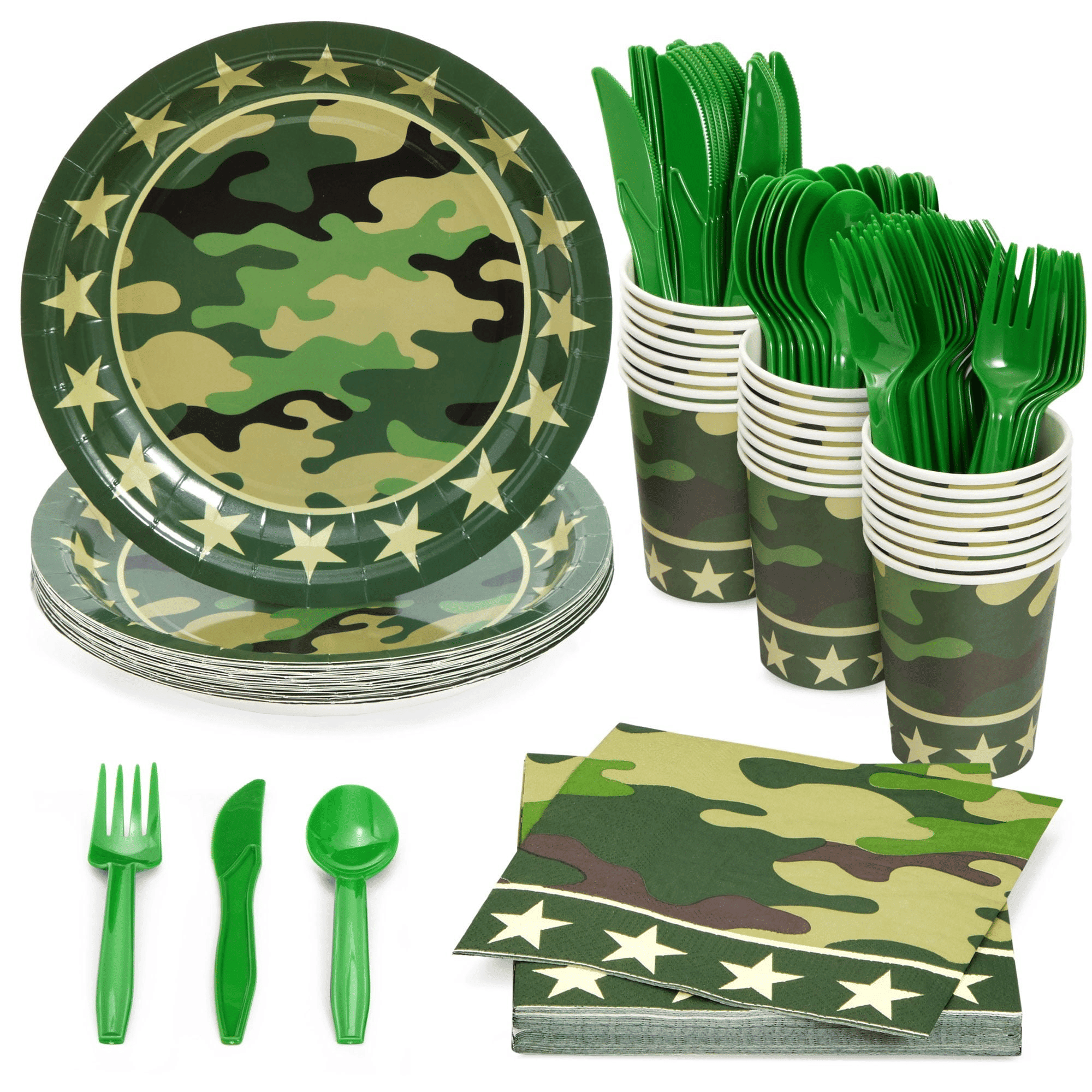 144-Piece Camo Party Decorations for Army-Themed Birthday, Baby Shower, Welcome Home Party, Serves 24, Includes Camouflage Paper Plates, Napkins, Cups 144-Piece Camo Party Decorations for Army-Themed Birthday, Baby Shower, Welcome Home Party, Serves 24, Includes Camouflage Paper Plates, Napkins, Cups