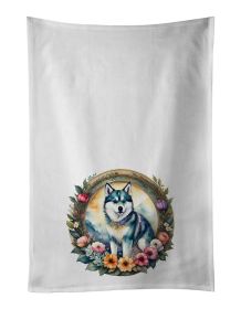 Alaskan Klee Kai and Flowers Kitchen Towel Set of 2 White Dish Towels Decorative Bathroom Hand towel for Hand, Face, Hair, Yoga, Tea, Dishcloth