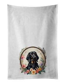Black and Tan Coonhound and Flowers Kitchen Towel Set of 2 White Dish Towels Decorative Bathroom Hand towel for Hand, Face, Hair, Yoga, Tea, Dishcloth