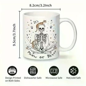 1pc Vintage Ceramic Coffee Mug 11oz - Whimsical Skeleton Cat and Floral Design with "It'S Meow or Never" Quote