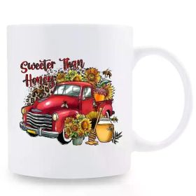 Vintage Red Car "Sweeter Than Honey" Ceramic Coffee Mug – Double-Sided Floral Design with Sunflowers & Bees, Hand