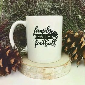 Family Faith Football Ceramic Coffee Mug – Stylish White Mug with Black Lettering, Perfect Gift for Football Moms,