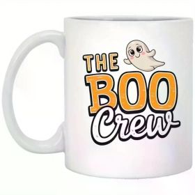 1pc | "The Boo Crew" Halloween Mug - 11oz White Ceramic Coffee Cup with Spooky Design, Insulated, Hand-Wash Only