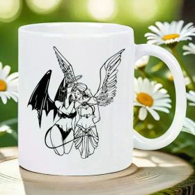 11oz White Ceramic Coffee Mug with Black and White Angel Design – Reusable, Insulated, Travel-Friendly – Perfect Gift for
