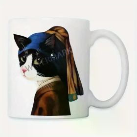11oz Ceramic Coffee Mug - Cat with a Pearl Earring Design, Reusable & Hand Wash Only, Perfect for Hot or Cold