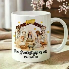 One Piece 11-Ounce White Ceramic Mug Featuring a Nativity Scene Designed with a Christian Theme for Coffee Printed