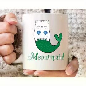 Meowmaid Cat Ceramic Coffee Mug Whimsical Mermaid Cat Design with Green Tail and Pearl Shell Fun Gift for Cat Lovers