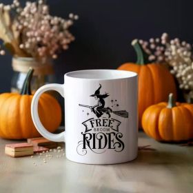 1pc "Free Broom Rides" 11oz Ceramic Halloween Mug - Insulated, Hand-Wash Only, Reusable Coffee Cup with Witch