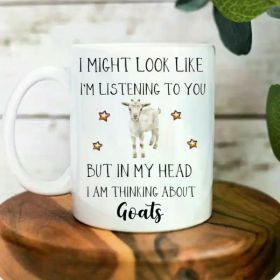 Charming Goat Design 11oz White Ceramic Mug - "Thinking About Goats" Humorous Quote, Durable & Insulated, Ideal