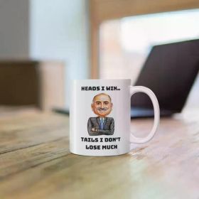 1pc Coffee Mug for Investors, Mohnish Pabrai Caricature and Quote "Heads I Win", Best Gift Dad, Unique Gift Investor