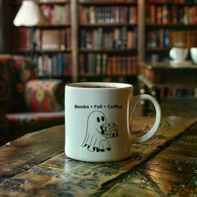 1pc Books + Fall + Coffee mug with ghost 11oz., Vintage Ghost Coffee cups, Autumn Seasonal mugs, Halloween Mugs,