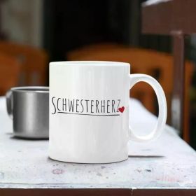 1pc "Schwesternherz" Sisterhood White Ceramic Mug with Red Heart Design, 11.16oz - Insulated, Handwash Only,
