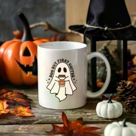 1pc Cute Halloween mug with ghost, Cute Coffee Mug for Coffee Lovers, Boo but first Coffee, Autumn mug saying, Cute