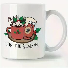 11oz Festive "Tis The Season" Christmas Ceramic Coffee Mug with Red Mugs, Holly & Snowflakes - Perfect Holiday Gift for