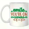 11oz Ceramic Coffee Mug | High-Quality Spill-Proof Lid | Multi-Color 'Smile You're on Camera' Design with Clover &