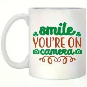11oz Ceramic Coffee Mug | High-Quality Spill-Proof Lid | Multi-Color 'Smile You're on Camera' Design with Clover &