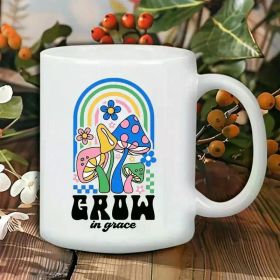 1pc Grow in Grace Ceramic Coffee Mug Reusable Hand-Wash Only Colorful Floral and Mushroom Design Ideal Gift for