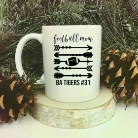 Football Mom Ceramic Coffee Mug | 11oz White with Black Arrow & Football Graphics | C-Handle for Comfortable Grip |