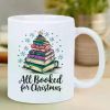 All Booked for Christmas" Ceramic Coffee Mug Festive Holiday Design with Bookshelf and Snowflakes Insulated