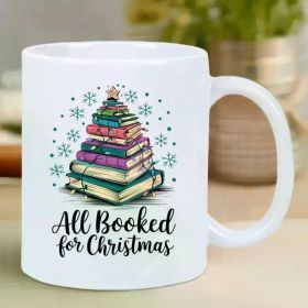 All Booked for Christmas" Ceramic Coffee Mug Festive Holiday Design with Bookshelf and Snowflakes Insulated