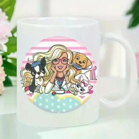 Ceramic Coffee Mug with Pink Girl and Dogs Design | Insulated White Ceramic | Reusable & Hand Wash Only |