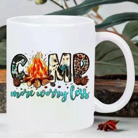 CAMP Insulated Ceramic Coffee Mug – "MORE WORRY LOSS" Design with Campfire, Trees & Rocks – Reusable, Hand