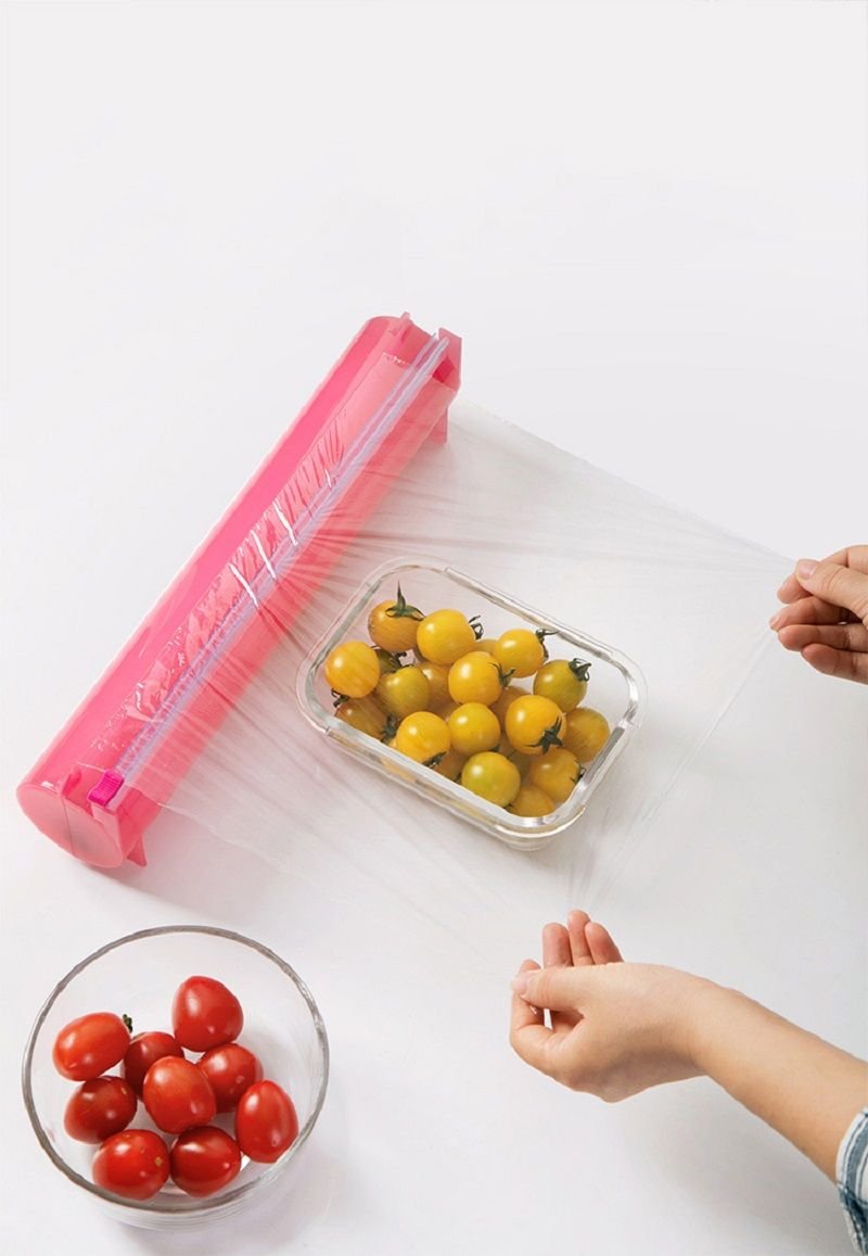 Plastic Cling Wrap Storage Holder with Slide Cutter Cling Film Cutter Aluminum Foil, Parchment Paper Dispenser Plastic Cling Wrap Storage Holder with Slide Cutter Cling Film Cutter Aluminum Foil, Parchment Paper Dispenser