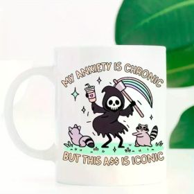1pc "My Anxiety is Chronic" Ceramic Mug with Skeleton & Cats Design - Insulated, Hand-Wash Only, Multi-Purpose (Color: White)