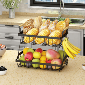 2 Tier Fruit Basket Bowl Farmhouse with Side Hooks for Kitchen Countertop (tier: 2 tier)